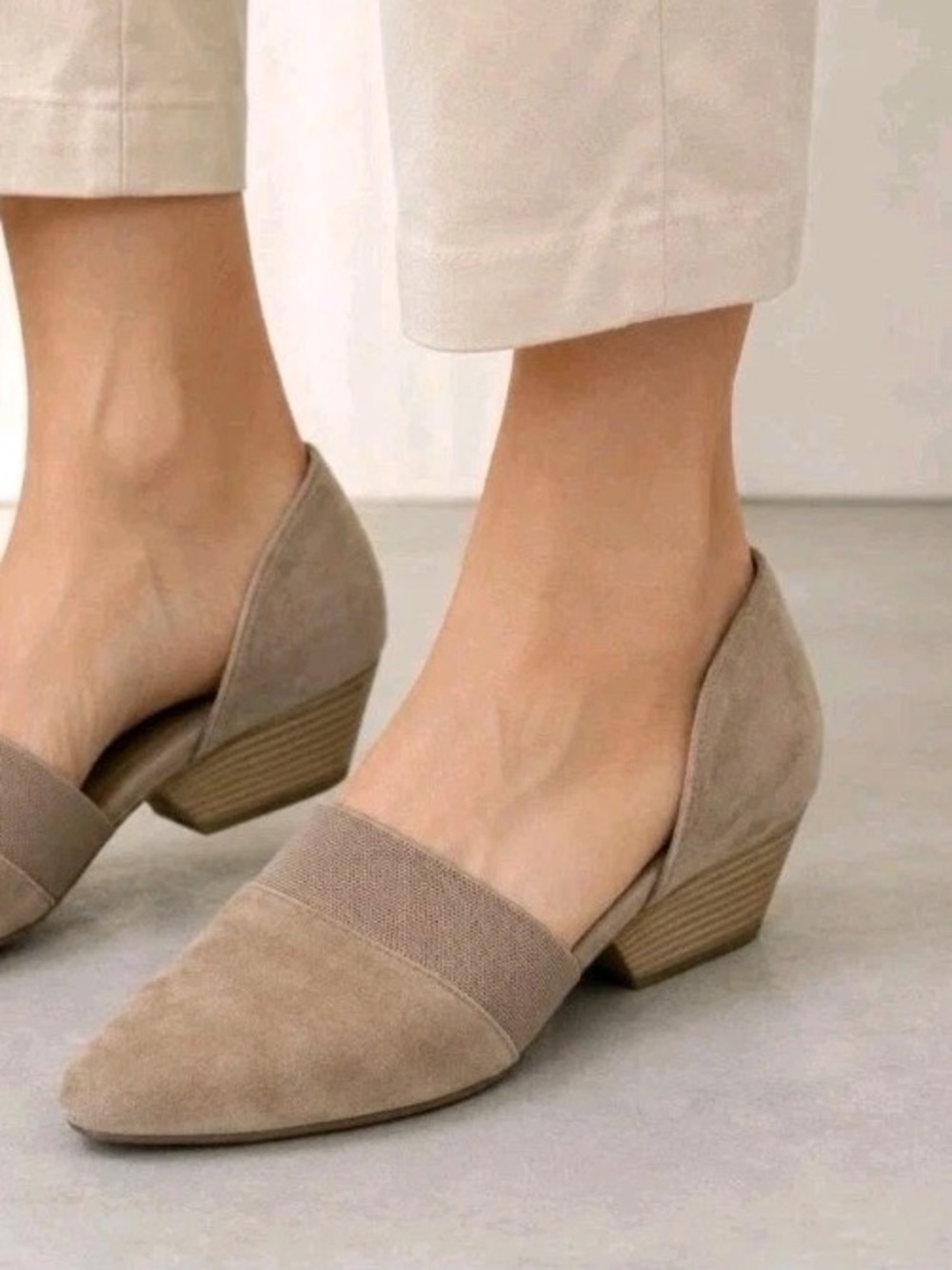 Eileen Fisher Pointed Low Block Heel Loafers in Taupe Suede